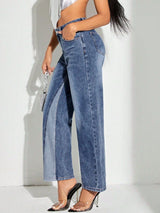 Contrast Patchwork Straight Jeans with Pockets