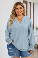 Plus Size Eyelet Notched Flounce Sleeve Blouse