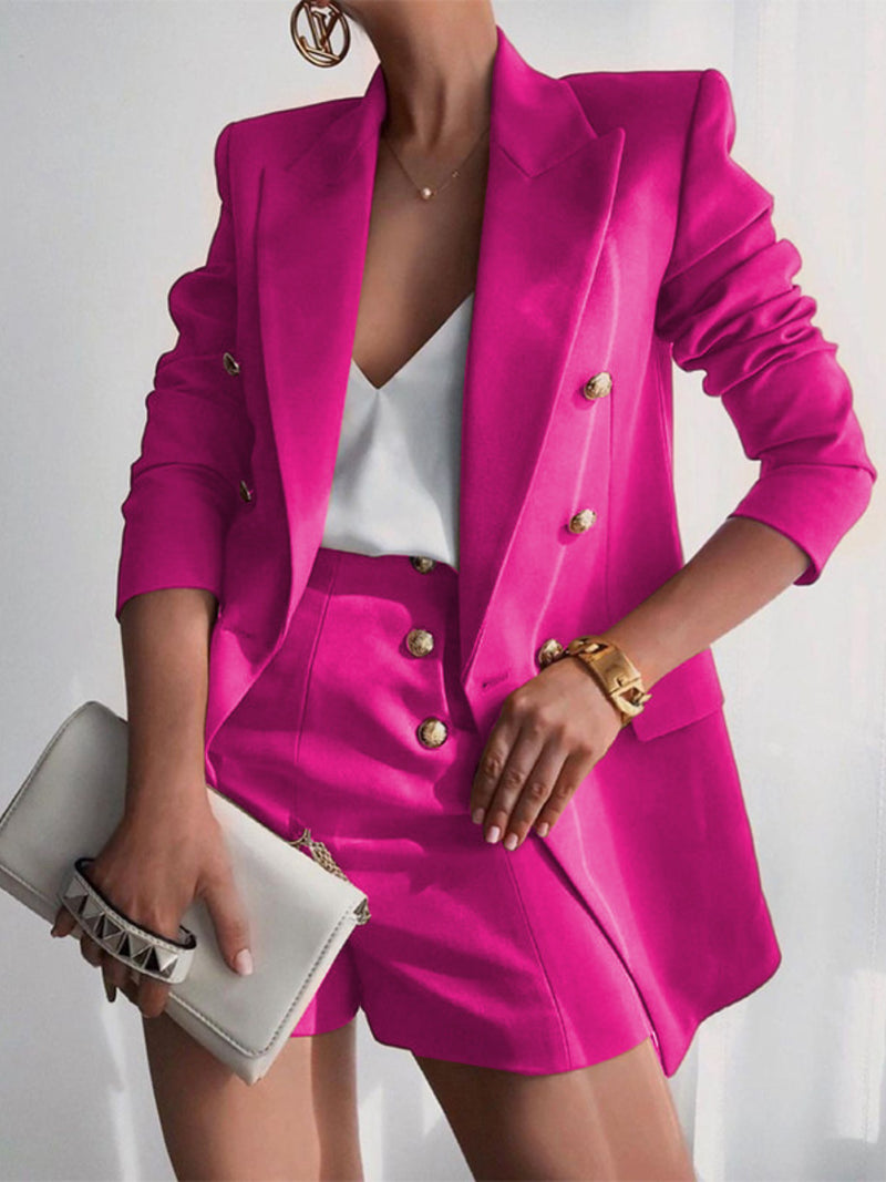 Lapel Collar Long Sleeve Blazer and Shorts Set