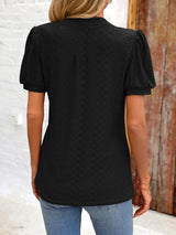 Eyelet Notched Puff Sleeve T-Shirt