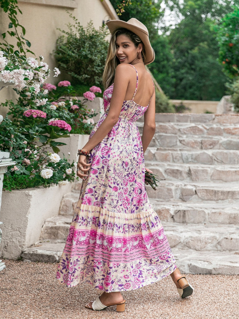 Tassel Printed V-Neck Maxi Dress