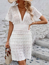 Openwork Plunge Short Sleeve Cover-Up Dress