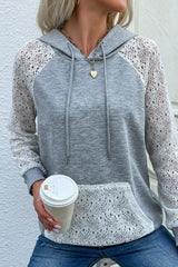 Perfee Lace Raglan Sleeve Drawstring Hoodie