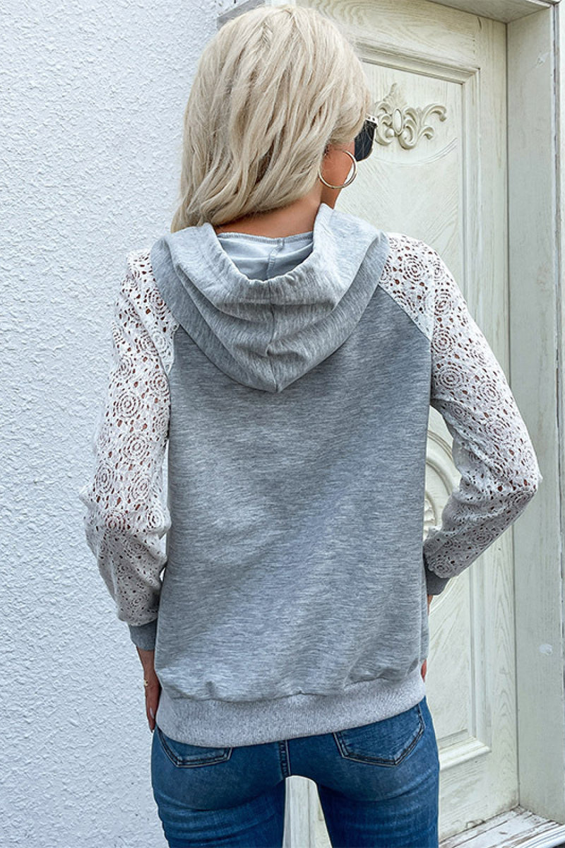 Perfee Lace Raglan Sleeve Drawstring Hoodie