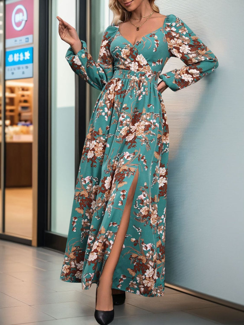 Perfee Slit Printed Surplice Long Sleeve Maxi Dress