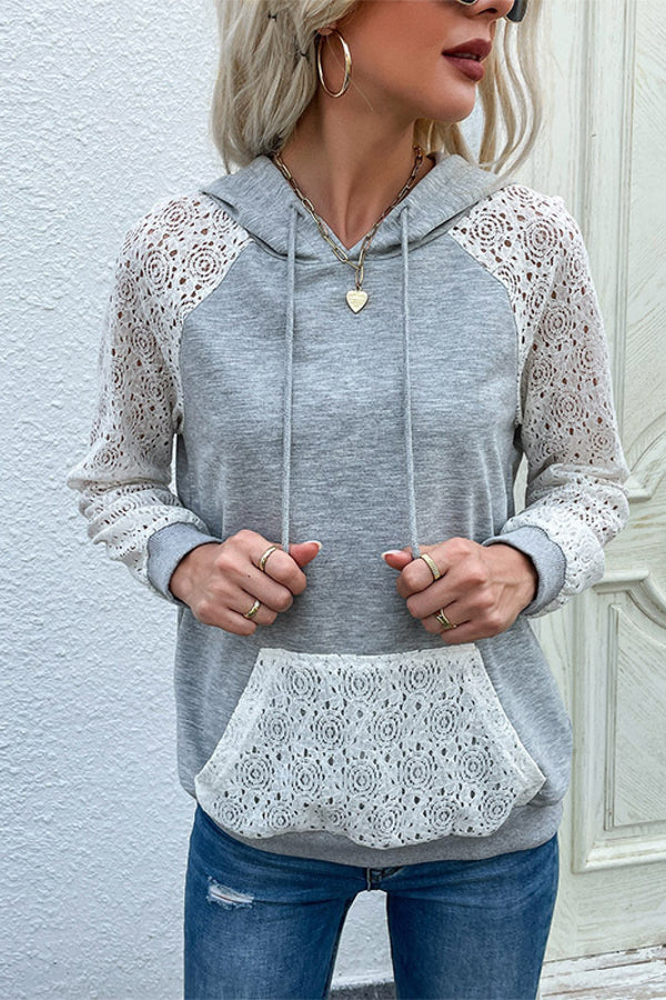 Perfee Lace Raglan Sleeve Drawstring Hoodie