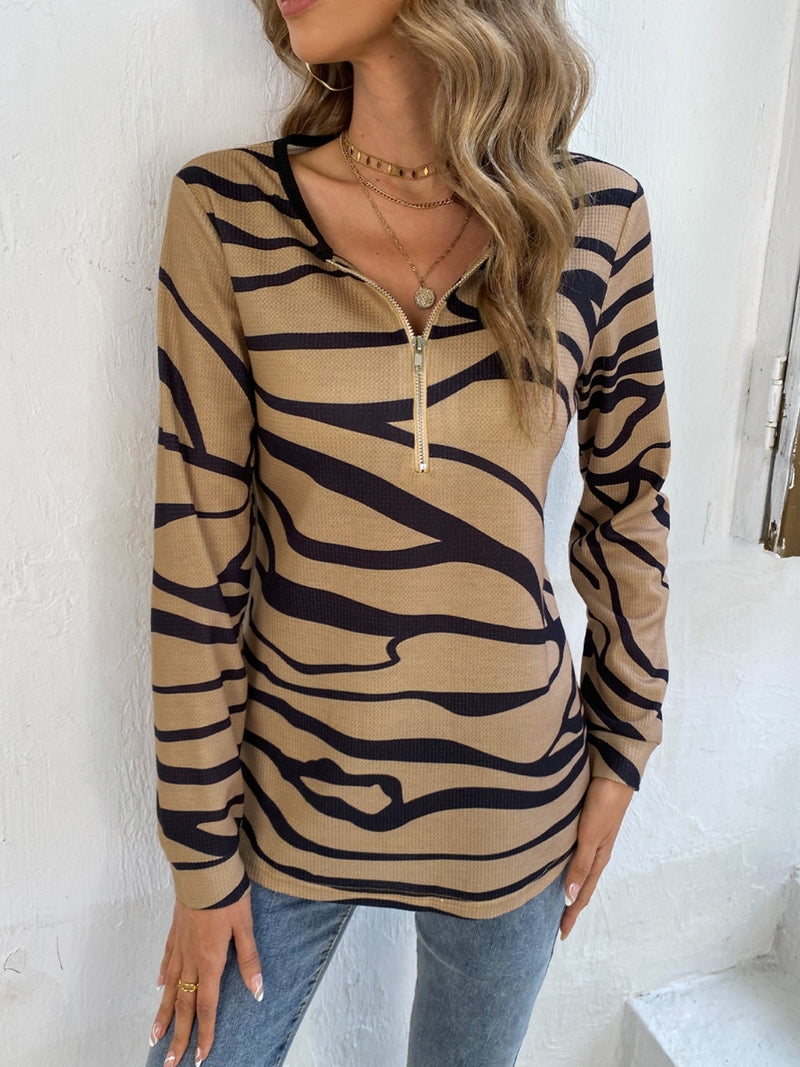 Shiny Printed Half Zip Long Sleeve T-Shirt