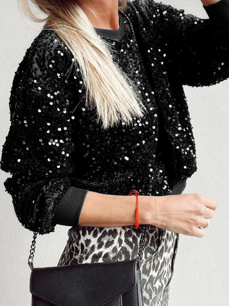 Sequin Round Neck Long Sleeve Blouse