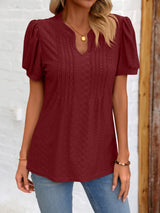 Eyelet Notched Puff Sleeve T-Shirt