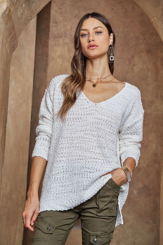 ADORA High-Low Side Slit V-Neck Sweater