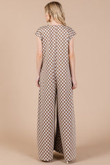 Ces Femme Checkered Half Button Cap Sleeve Jumpsuit