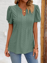 Eyelet Notched Puff Sleeve T-Shirt