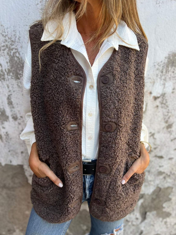 Full Size Pocketed Button Up V-Neck Sherpa Vest