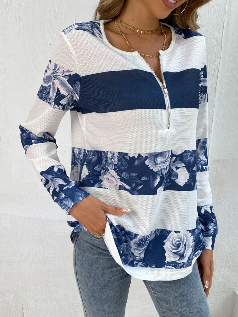 Shiny Printed Half Zip Long Sleeve T-Shirt