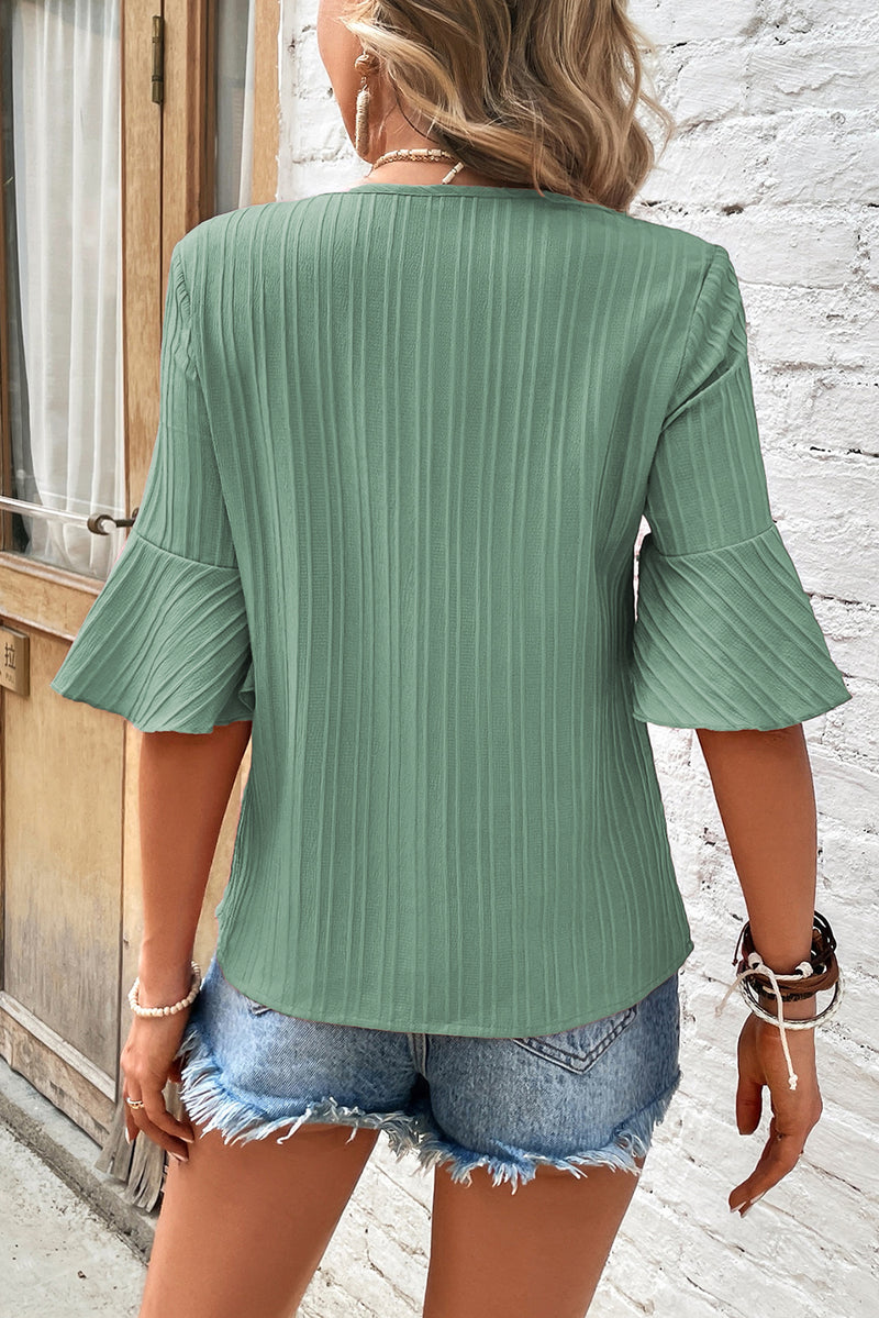 Textured V-Neck Flounce Sleeve Blouse