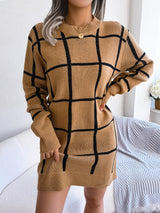 Plaid Round Neck Dropped Shoulder Sweater Dress