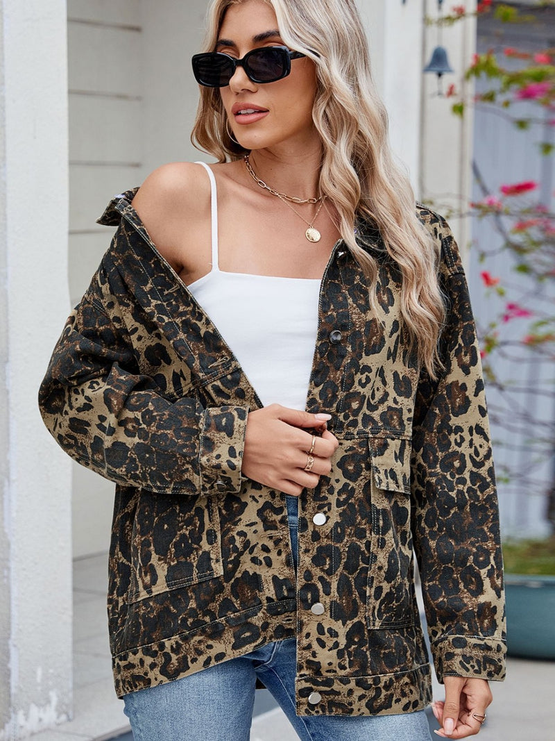 Leopard Button Up Drop Shoulder Denim Jacket