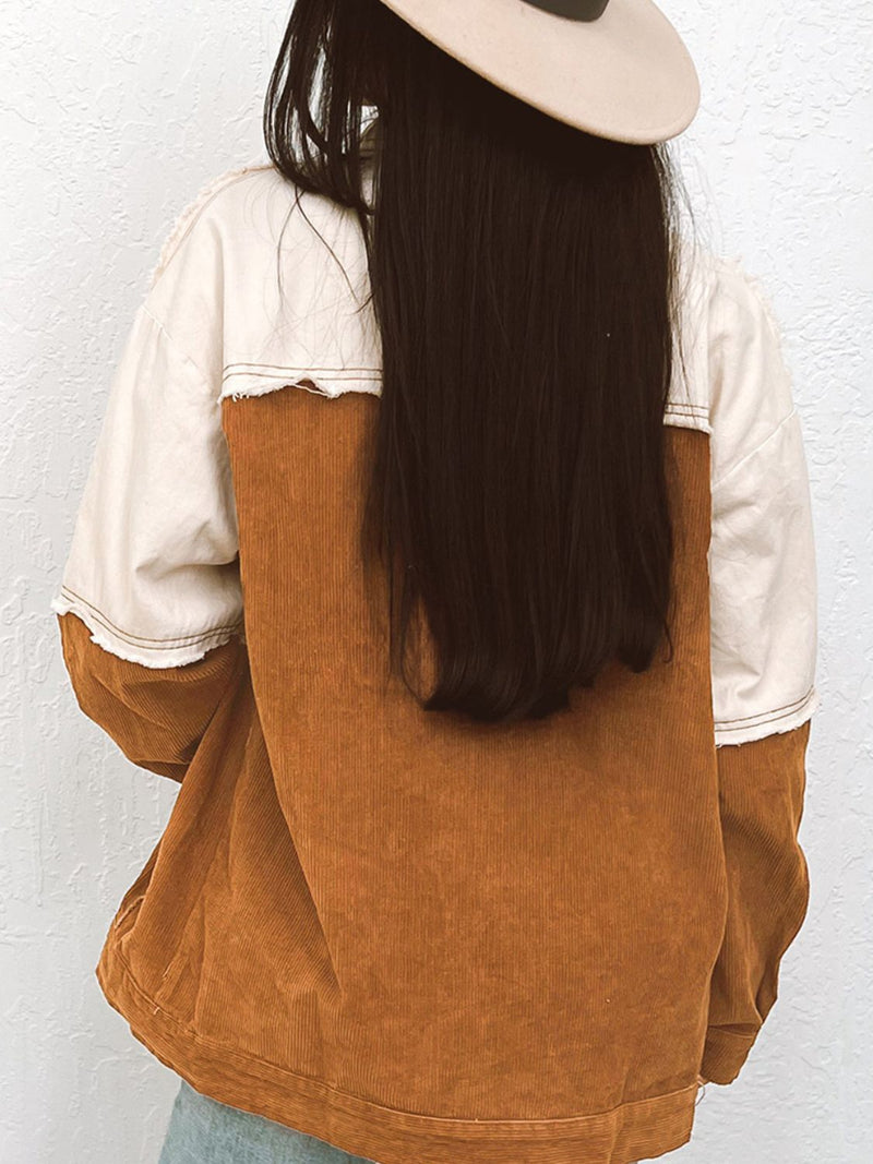 Raw Hem Color Block Button Up Jacket