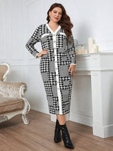 Honey Plus Size Houndstooth Button-Down Long Sleeve Dress