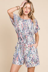 BOMBOM Printed Short Sleeve Drawstring Romper