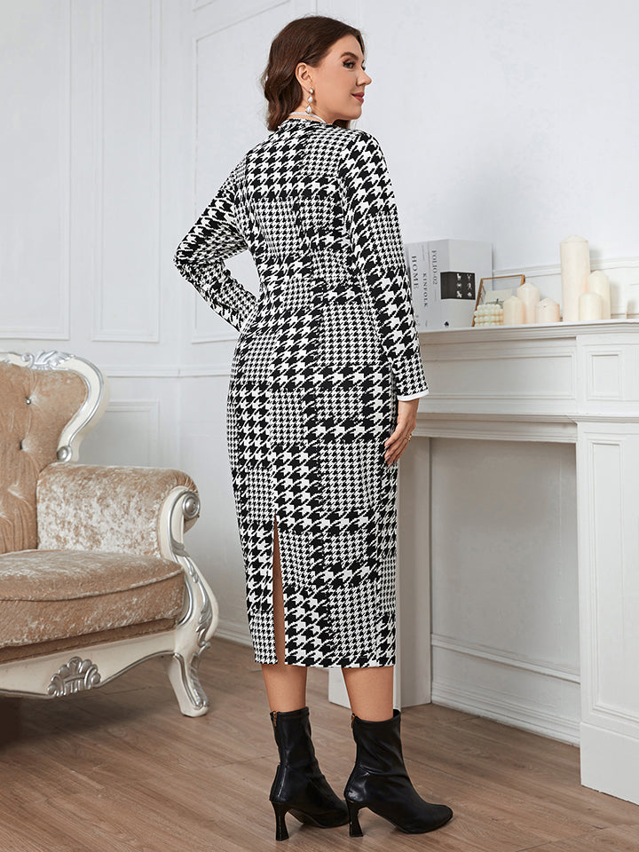 Honey Plus Size Houndstooth Button-Down Long Sleeve Dress