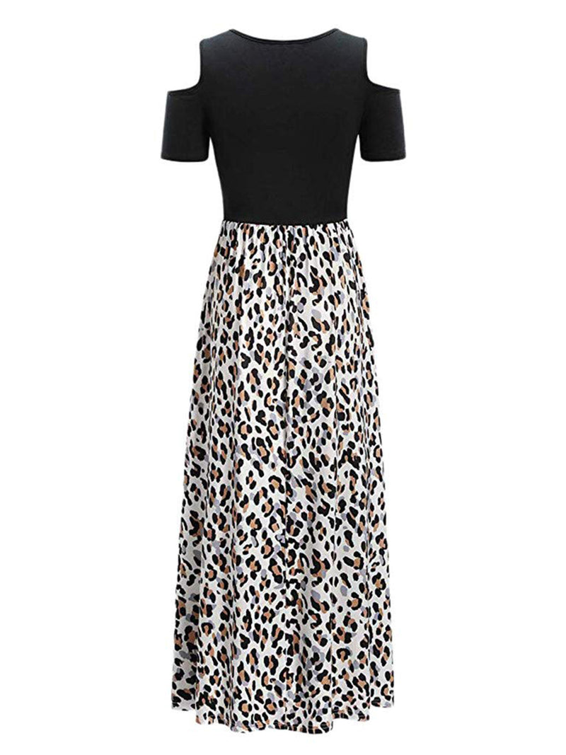 Leopard Round Neck Cold Shoulder Dress