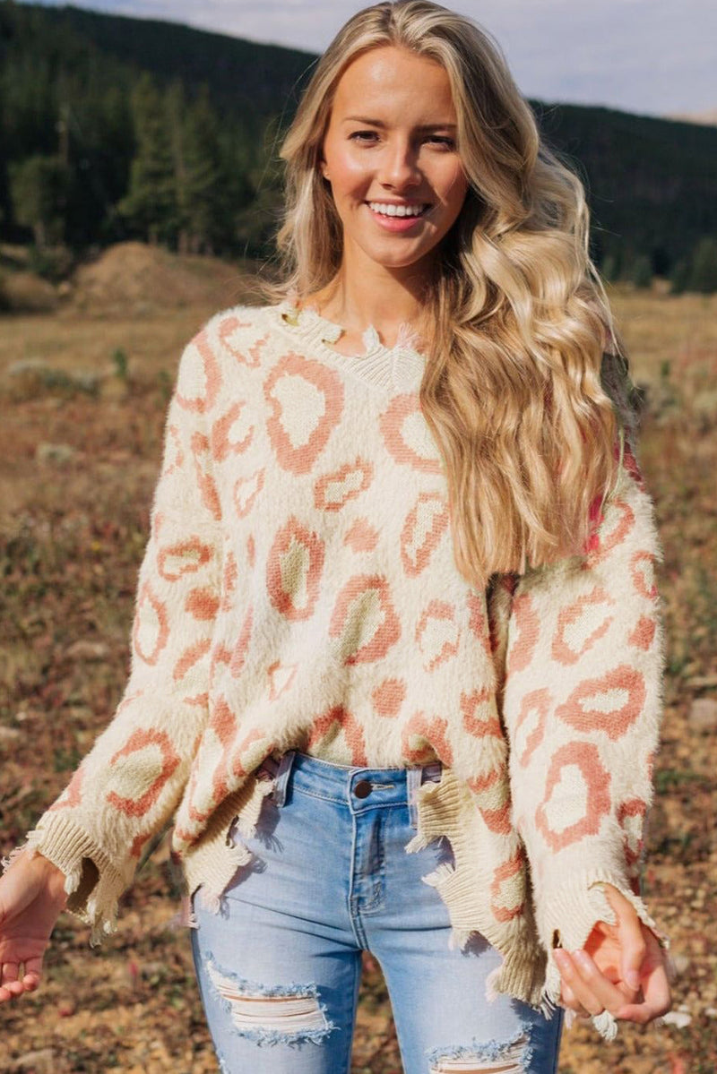 Distressed Trim Leopard V-Neck Sweater