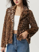 Fuzzy Leopard Collared Neck Jacket