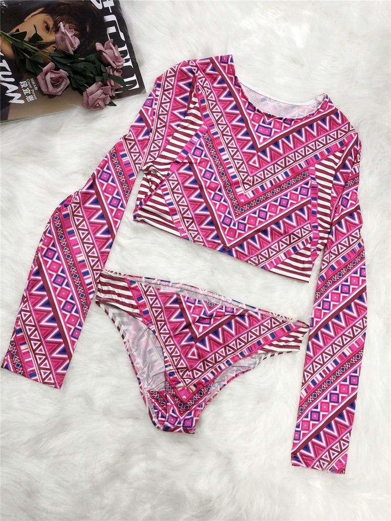 Printed Long Sleeve Top and Brief Swim Set