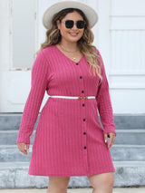 Plus Size Ribbed Buttoned V-Neck Long Sleeve Dress