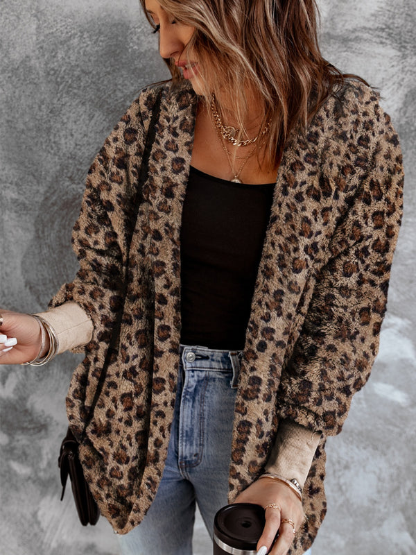 Fuzzy Leopard Long Sleeve Hooded Jacket