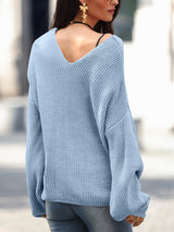 Full Size Lace Up V-Neck Long Sleeve Sweater