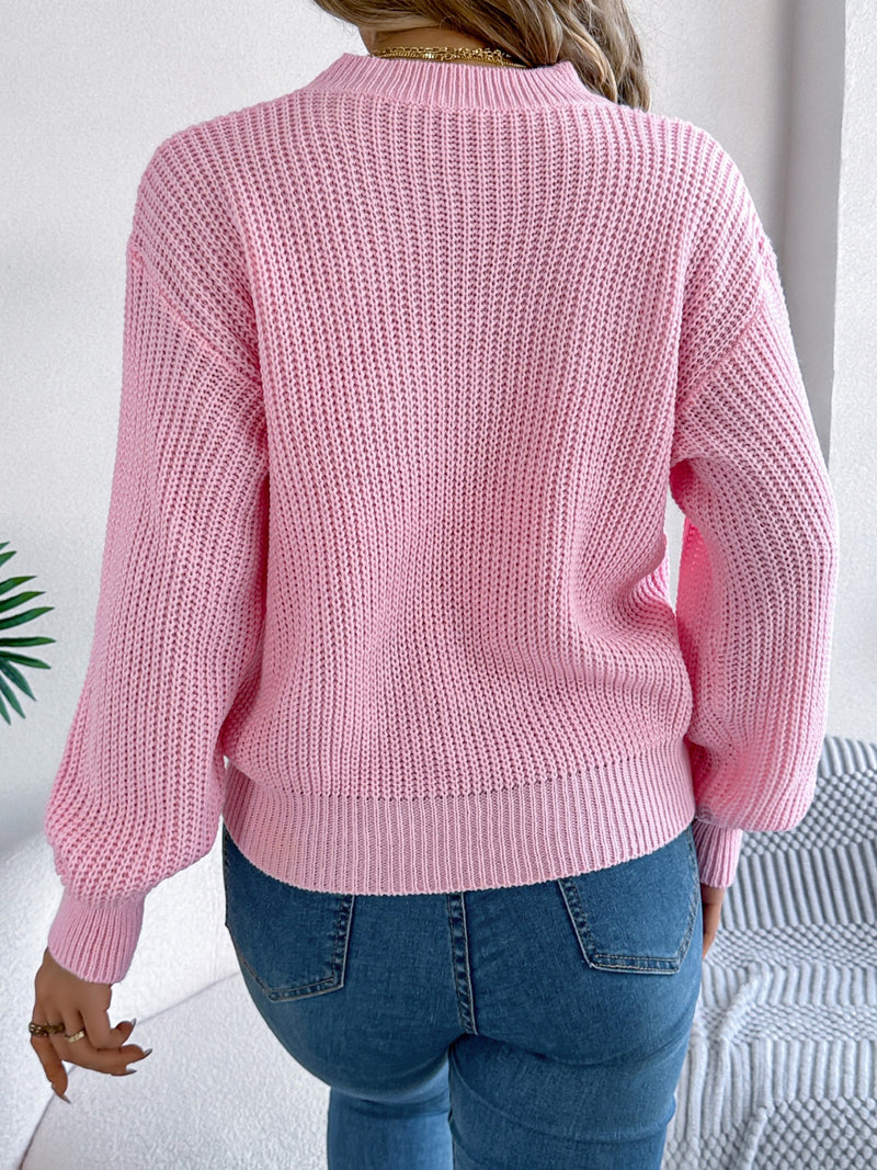 LOVE Heart Round Neck Dropped Shoulder Sweater