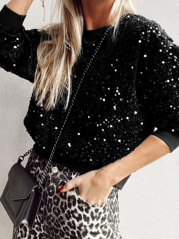 Sequin Round Neck Long Sleeve Blouse