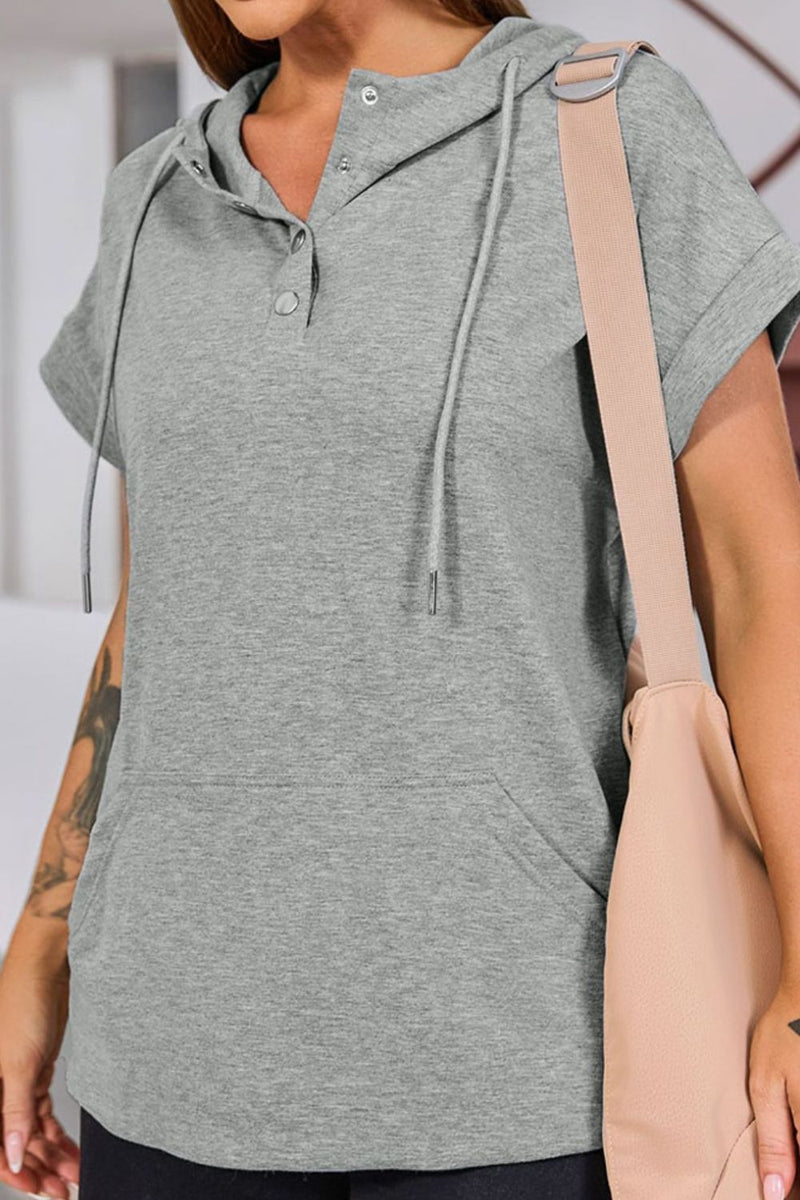 Drawstring Quarter Snap Cap Sleeve Hoodie