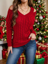 Honey Cable-Knit V-Neck Cold Shoulder Sweater