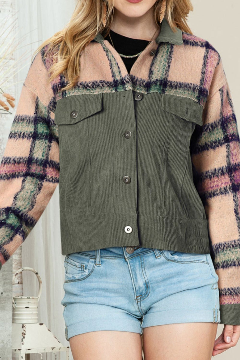 Plaid Corduroy Flap Pockets Button Up Jacket