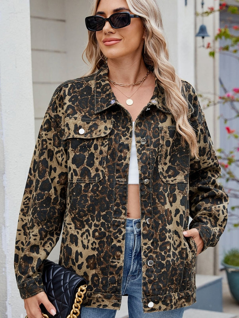 Pocketed Leopard Long Sleeve Denim Jacket