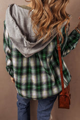 Drawstring Pocketed Plaid Hooded Jacket