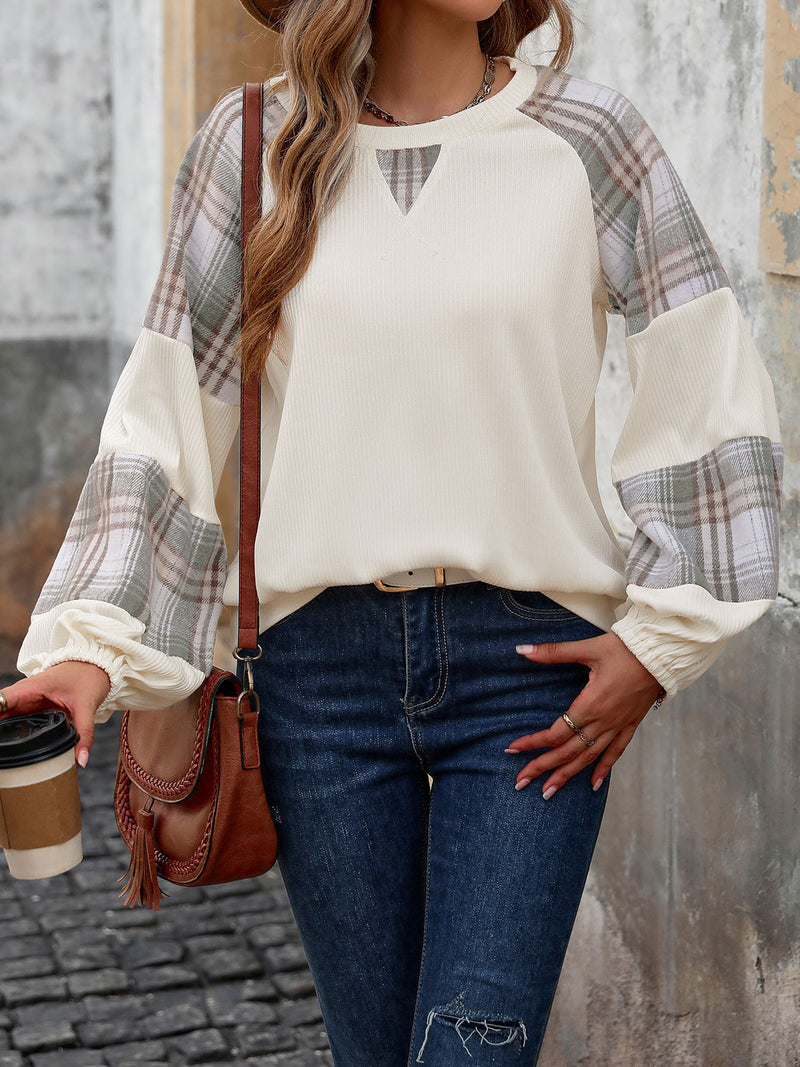 Perfee Plaid Round Neck Long Sleeve Sweatshirt