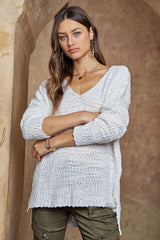 ADORA High-Low Side Slit V-Neck Sweater