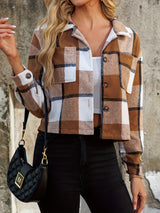 Plaid Collared Neck Cropped Jacket