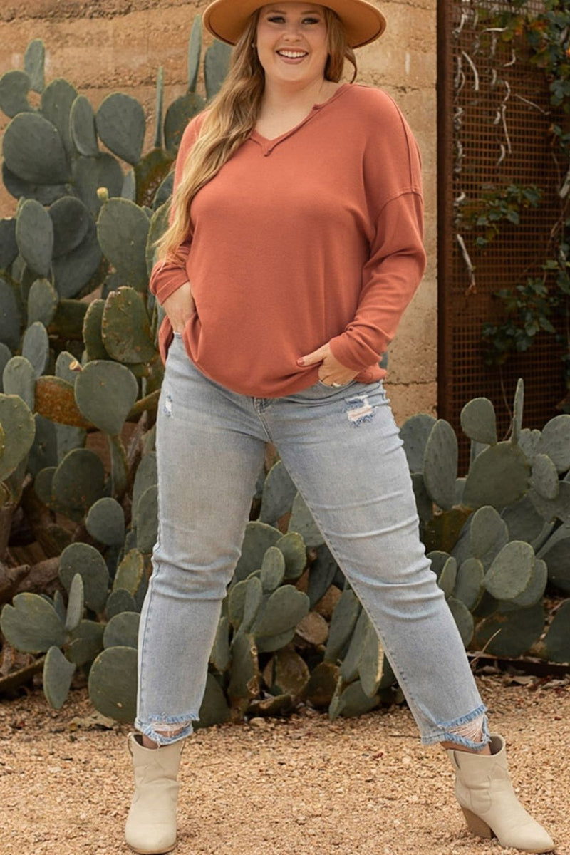 Plus Size Notched Long Sleeve T-Shirt