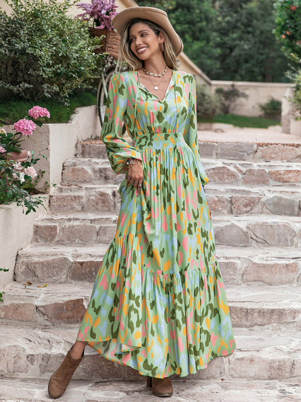 Printed Tie Neck Long Sleeve Maxi Dress