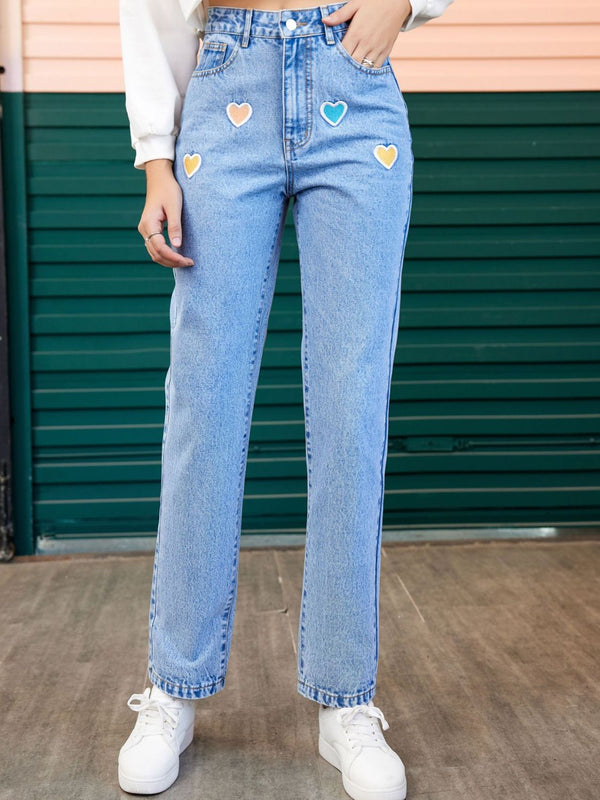 Heart Straight Leg Jeans with Pockets