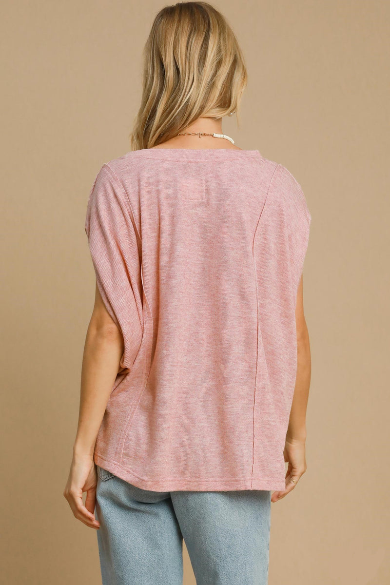 Umgee Exposed Seam Round Neck Batwing Sleeve Knit Top