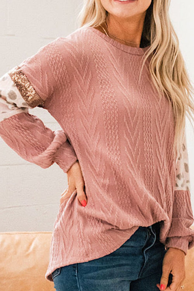 Sequin Leopard Round Neck Long Sleeve Sweater