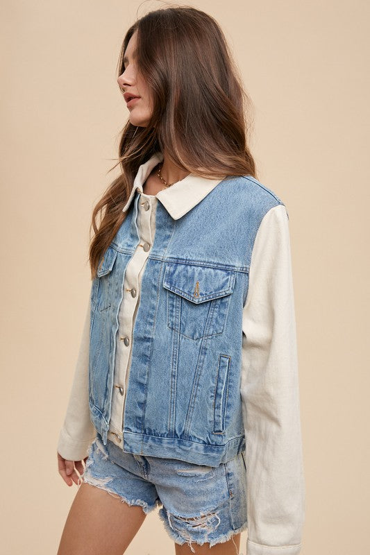 Annie Wear Collared Neck Double Placket Denim Jacket