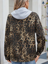 Pocketed Leopard Long Sleeve Denim Jacket