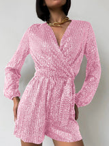 Full Size Sequin Surplice Tie Waist Long Sleeve Romper